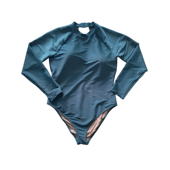 J Crew Wmn’s 14 Active Ribbed Long Sleeve One‎ Piece Rash Guard Swimsuit Green - Picture 1 of 11